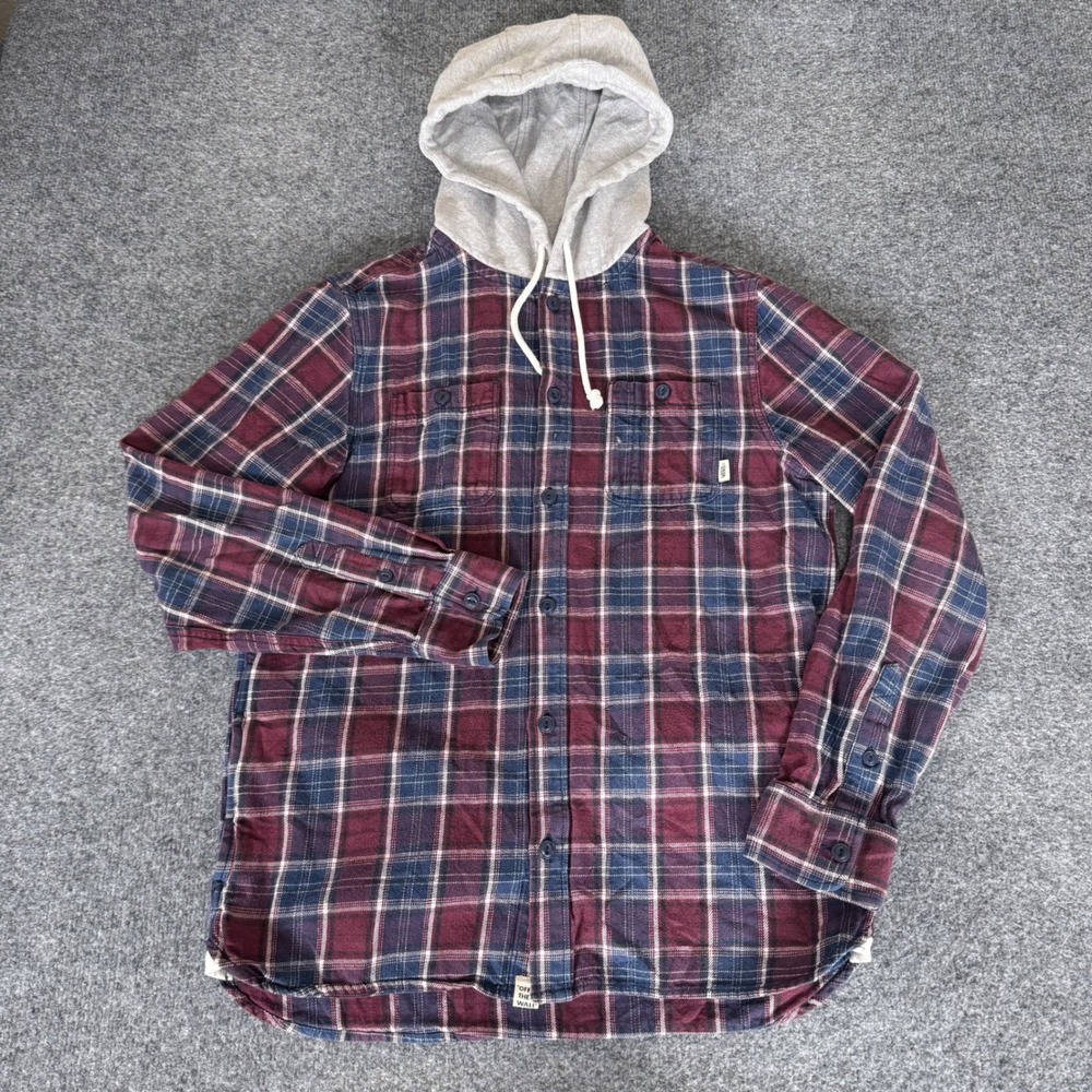 Vans Mens Small Plaid Hooded Flannel Shirt Shacket Long Sleeve Button Up Skate